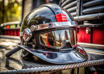 Fototapeta premium A shiny, black helmet with a silver grille and bright red visor, adorned with reflective strips and a bold, metallic emblem, sits on a worn fire hose.