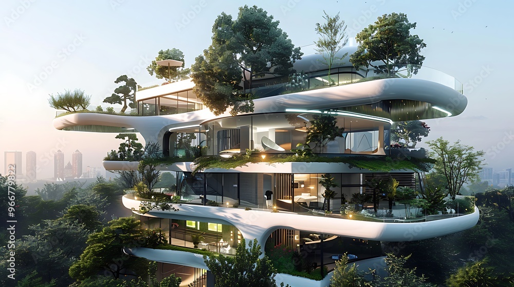 Poster architectural rendering of a futuristic eco-friendly home with flowing curves and integrated greener
