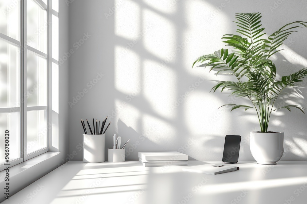 Wall mural Minimalist Home Office Desk with Sunlight and Green Plant