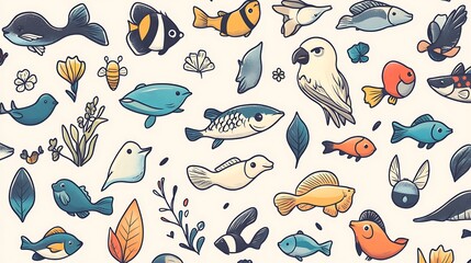 Fototapeta premium Hand-drawn icon set for a nature app, featuring icons for different types of animals like birds, fish, and insects with a soft and organic style. 