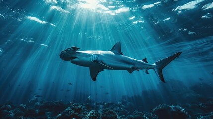 A majestic great white shark gracefully swims through the underwater ocean caverns, - Powered by Adobe