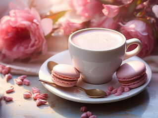 Bright Front view french macarons with cup of tea on the blue surface
