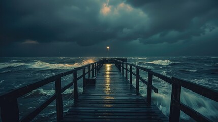 Obraz premium Harbor During a Turbulent Night with Rough Waters