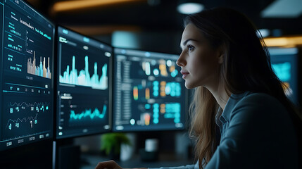 She is focused and attentive, possibly analyzing data or working on a project