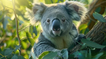Obraz premium Bright-eyed young koala looking upward, with soft fur and a curious expression.