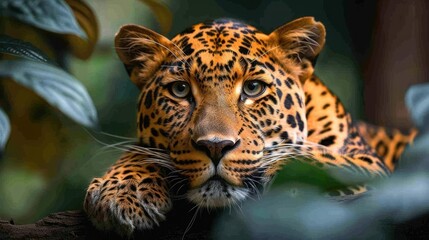 Obraz premium A jaguar queen poses in the wild, its eyes glowing with fierceness and power.