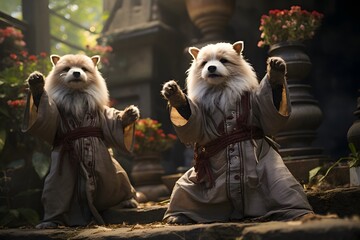 Cute pets dressed in Kung Fu costumes, ready for battle, look funny. Can be used for marketing and advertising, social media, greeting cards or stickers, creative products, design and digital art.