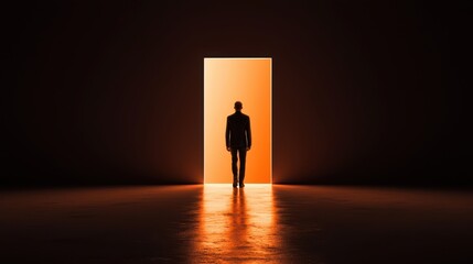 Obraz premium Silhouette of a Man Walking Towards an Illuminated Doorway in a Dark Room