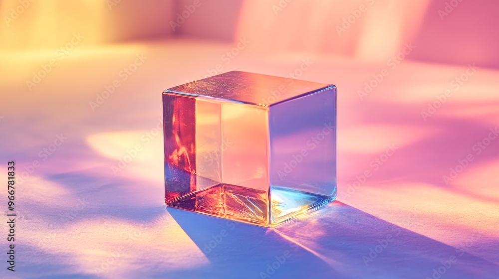 Poster glass cube in vibrant colorful light reflecting shadows on surface. abstract art and modern design c
