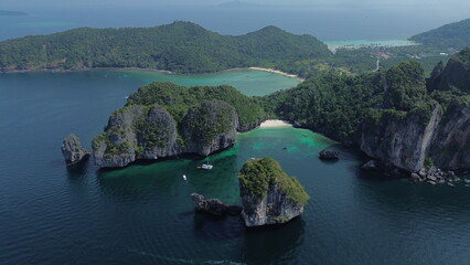 Phi Phi Don Island in the morning, beautiful views from high above Tonsai Bay, popular island in...