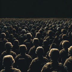 Back view of soldiers in large formation, standing under dark sky
