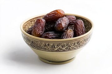 A bowl of dates fruit in white background. Ramadan Conceptual photo with generative ai