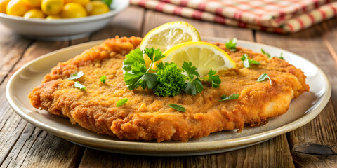 Golden Crispy Schnitzel: A classic Wiener Schnitzel, adorned with lemon slices and parsley, takes center stage on a rustic wooden table, promising a delightful culinary experience. 