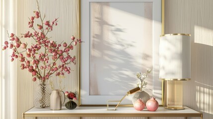 Chic and Stylish Living Room with Gold Table Lamp and Pomegranate Shelf
