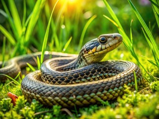 Fototapeta premium A slithering serpent coils through a lush green meadow, its scaly body blending seamlessly with the surrounding wild grasses and foliage on a sunny day.