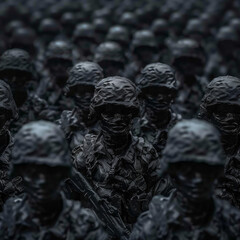 Close-up of soldiers standing in dense formation, facing forward
