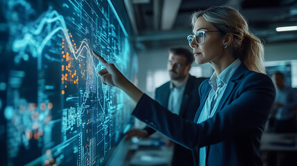 A woman is pointing at a computer screen with a blue background