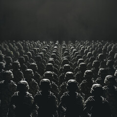 Obraz premium Rows of Soldiers in Tactical Gear in Shadowy Formation 