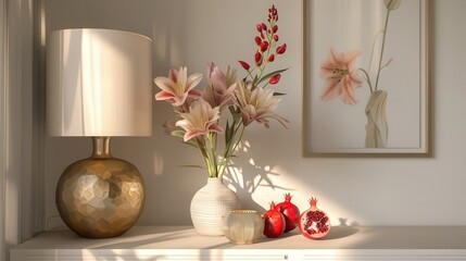 Contemporary Elegance: Modern Living Room with Gold Table Lamp and Pomegranate Shelf