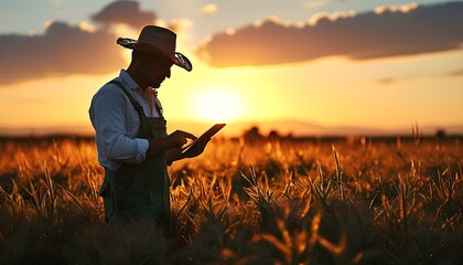 Sunset silhouette of a farmer in a field, using a tablet to examine crops, representing the fusion of technology and agriculture.