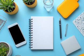 Flat lay office desk with notebook, phone, pens and plants