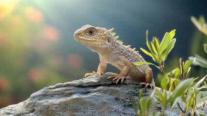 Fototapeta premium A small lizard perched on a rock, surrounded by lush greenery and soft sunlight, showcasing nature's beauty and wildlife.