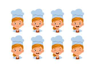 Female chef constructor. Girl in cooking hat. Kit for creating animations. Pack of face with various emotions. Catering service occupation. Flat vector collection