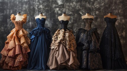 Naklejka premium Five Elegant Dresses on Mannequins