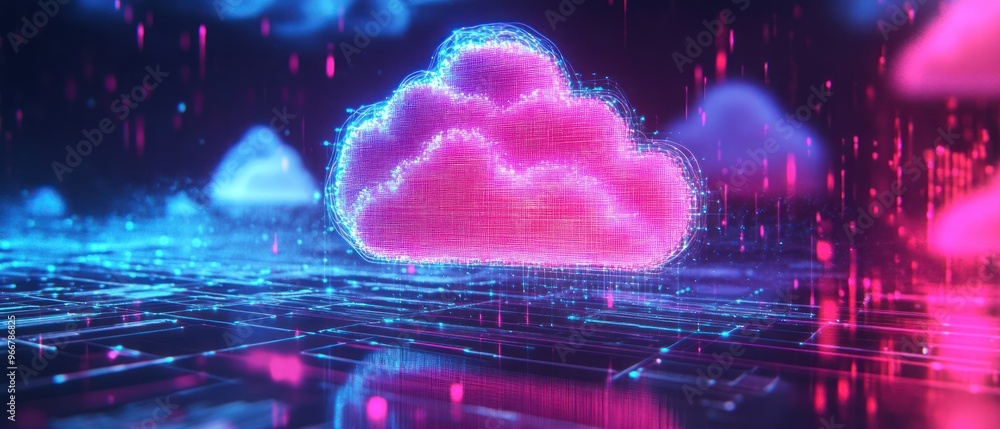 Poster futuristic cloud computing network with neon glow and digital data flow