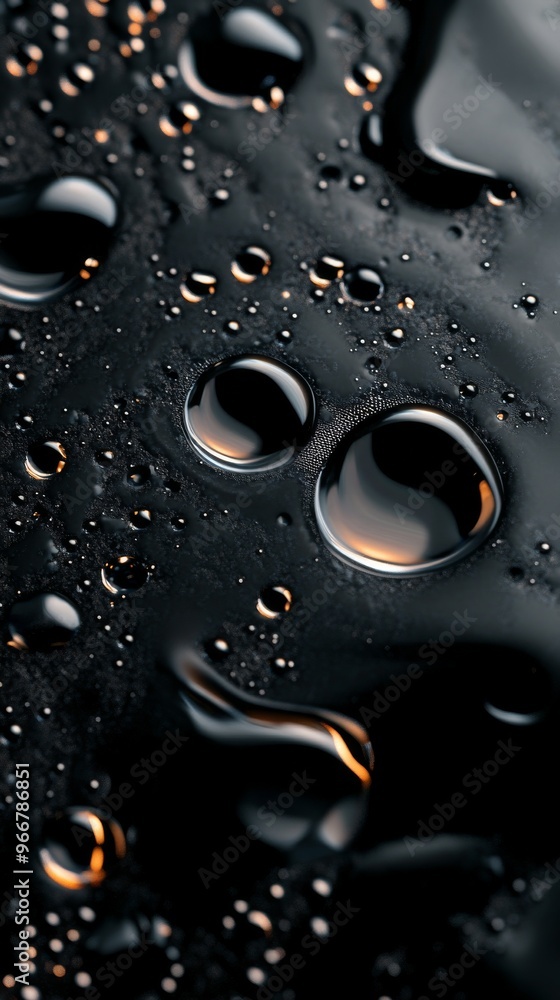 Poster close-up of water droplets on black surface, abstract texture. modern background and moisture concep