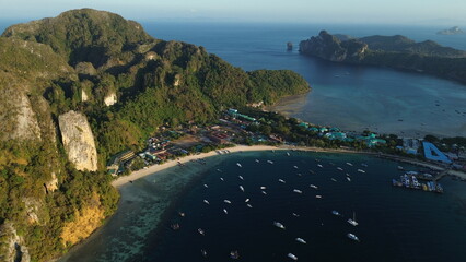 Phi Phi Don Island in the morning, beautiful views from high above Tonsai Bay, popular island in...
