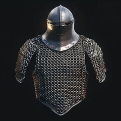 Medieval Chainmail Armor with Steel Helmet and Shoulder Guards
