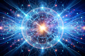 Cosmic Energy Burst:  A mesmerizing abstract artwork depicting a radiant energy burst emanating from a central sphere, surrounded by swirling, interconnected lines and scattered glowing orbs.  