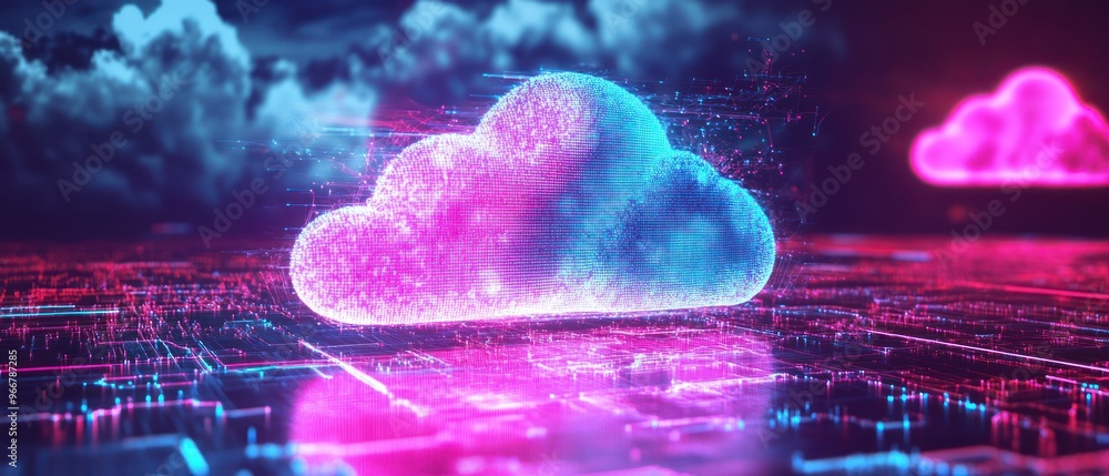 Poster futuristic cloud computing network with neon glow and digital data flow
