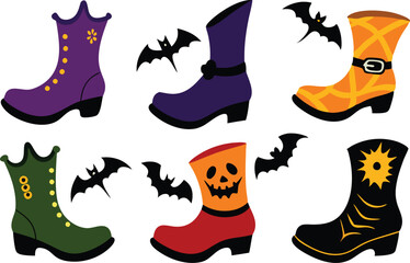 set of 6 different Halloween boot hand drawn elements collection cut out vector illustration .