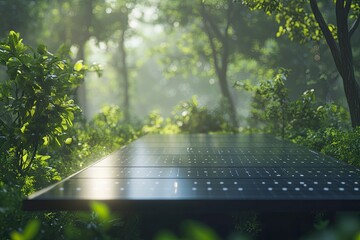 Solar panels installed in the green forest Clean alternative energy concept. Environment, solar energy, generator, ai