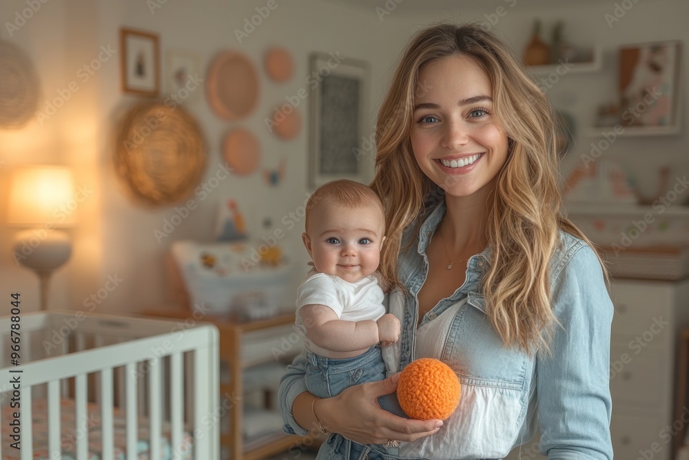 Poster Smiling Mother Holding Baby in Nursery