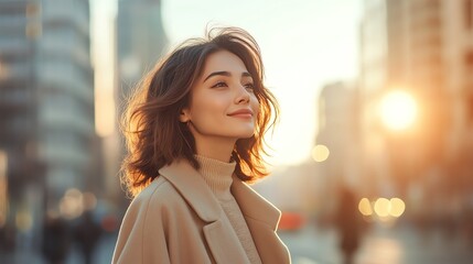 A serene young woman enjoys a sunny day in the city, radiating positivity and warmth amidst urban scenery.
