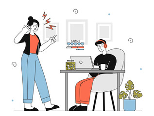 Woman screaming at gamer. Young girl unhappy with her son sitting at computer with headphones on. Addiction to computer video games. Linear vector illustration