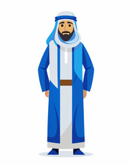 A man wearing a blue and white robe with a white scarf. Arabian business man on a white background 