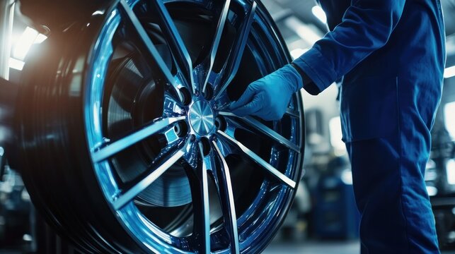 Mechanic Balancing Tires in Auto Shop for Vehicle Maintenance and Repair.