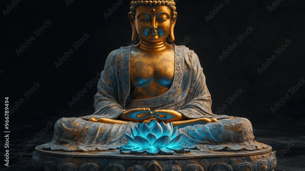 Poster golden buddha statue meditating on a blue lotus