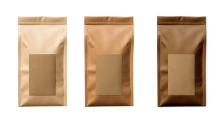 Zip bag - blank mockup template. Brown kraft paper texture. Sachet pouch for coffee, candy, shack or nuts. Zipper food bag. Front view. Generative AI.