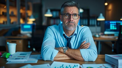 Corporate executive with a tense posture, working late at a desk full of reports and a computer displaying urgent tasks, showing the impact of deadline pressure and overwork