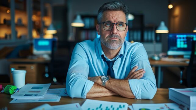 Corporate executive with a tense posture, working late at a desk full of reports and a computer displaying urgent tasks, showing the impact of deadline pressure and overwork