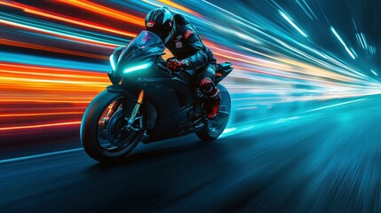 Obraz premium A MotoGP rider speeding down a neon-lit road, with trails of bright blue and green light highlighting the bike's motion, under the glow of city lights, dynamic, futuristic tones with generative ai