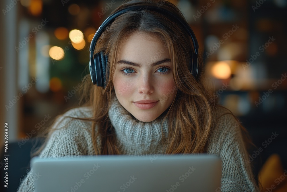 Poster Young Woman Listening Music on Laptop