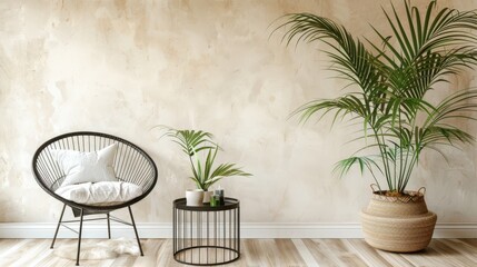 Contemporary Tranquility: Minimalistic Living Room with Rattan Armchair and Tropical Plant