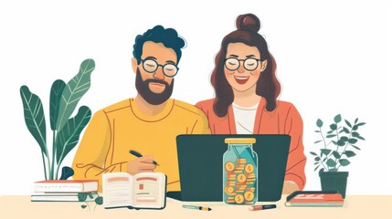 Couple discussing finances with money jar, joint savings efforts