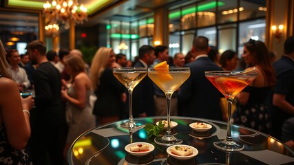 Elegant cocktail reception with guests socializing and enjoying drinks in a stylish venue during the evening hours